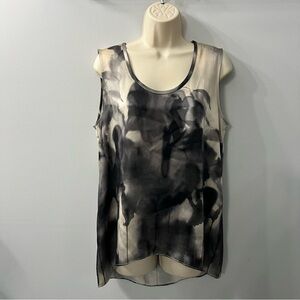 Eileen Fisher Grey & Black 100% Silk Sleeveless Round Neck High Low Top Small